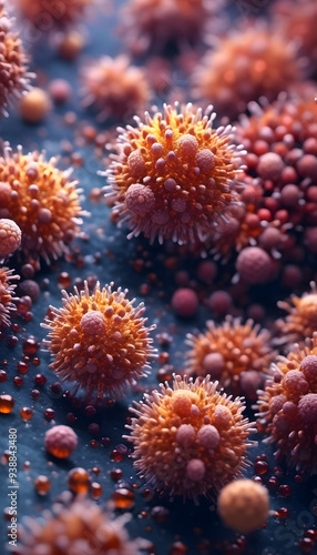 A close-up view of colorful, spherical microorganisms with spiky surfaces, resembling viruses or bacteria, set against a dark background with droplets.