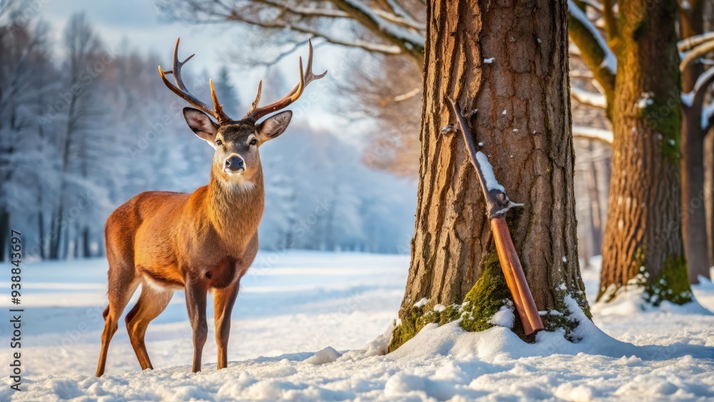 A Brown Deer Standing In A Snowy Meadow With Its Head Alert And Focused On A Nearby Rifle Leaning Against A Tree Trunk. A Brown Deer Standing In A Snowy Meadow With Its Head Alert And Focused On A Nearby Rifle Leaning Against A Tree Trunk.