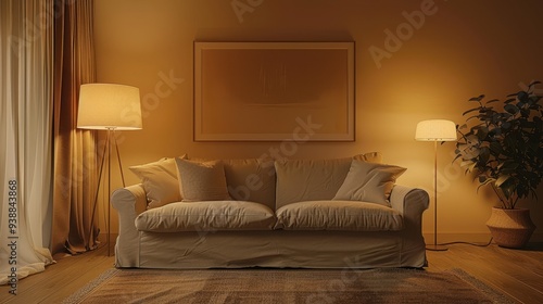 A Cozy Living Room with a Beige Sofa  Lamps  and a Plant