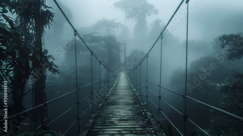 A bridge over a forest with foggy weather. The bridge is made of wood and is suspended over a river. The trees are tall and dense, and the fog adds to the mysterious atmosphere of the scene