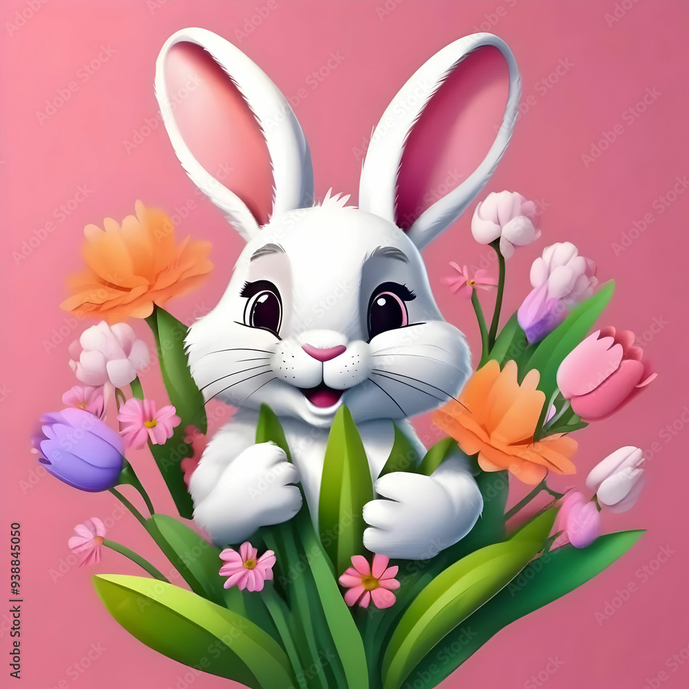 Cheerful cartoon rabbit with a large bouquet of flowers Cheerful cartoon rabbit with a large bouquet of flowers