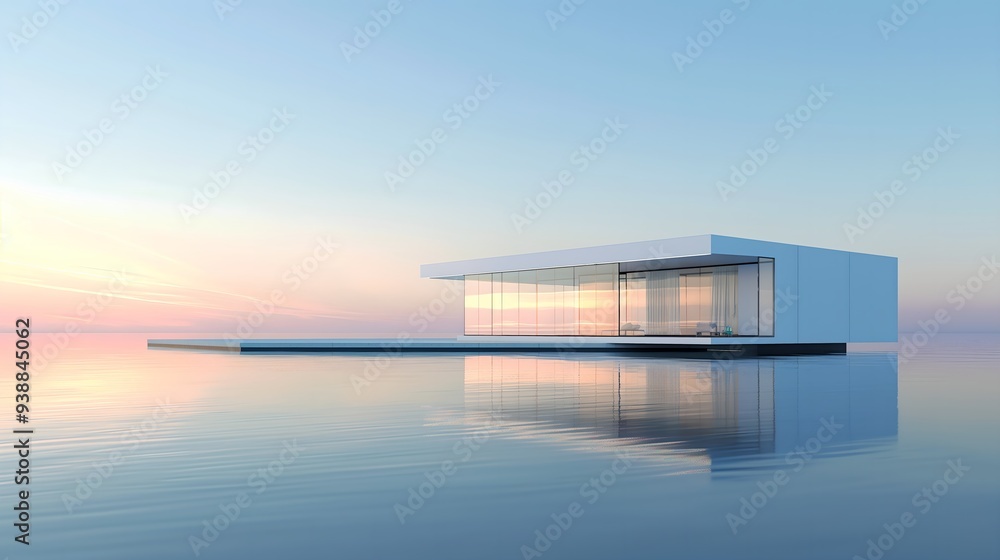 A white minimalist building with glass walls on the water A white minimalist building with glass walls on the water
