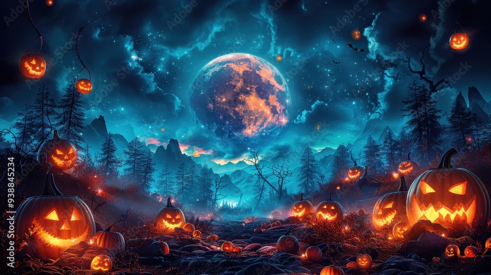 Obraz premium Glowing Jack-o'-Lanterns in a Mystical Halloween Forest