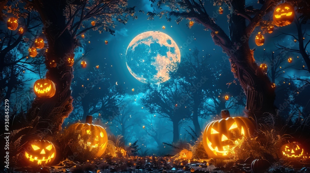 Illuminated Jack-o'-Lanterns in a Spooky Forest under a Full Moon Illuminated Jack-o'-Lanterns in a Spooky Forest under a Full Moon