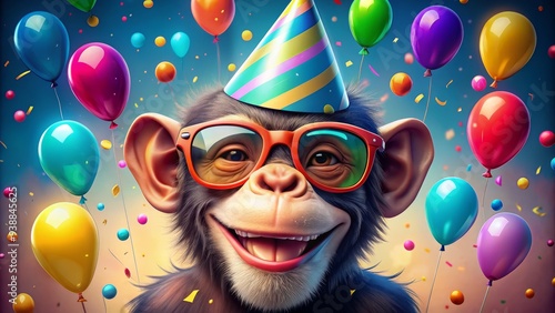 A colorful and whimsical illustration of a smiling cartoon monkey wearing oversized sunglasses and a party hat, surrounded by confetti and balloons. photo