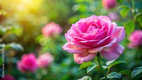 Beautiful pink rose blooming in a vibrant garden setting, showcasing nature's romantic and enchanting beauty