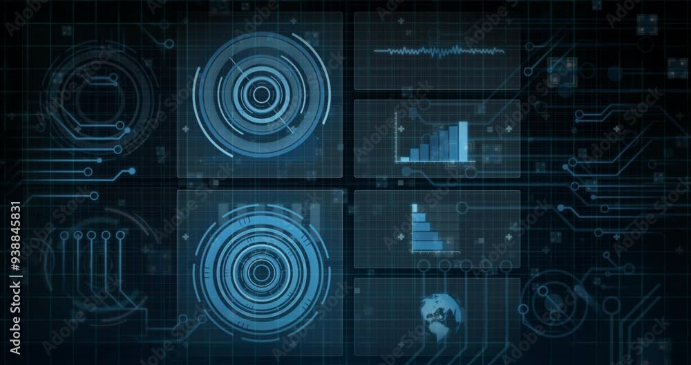 Digital data charts and graphs animation over futuristic interface background Digital data charts and graphs animation over futuristic interface background