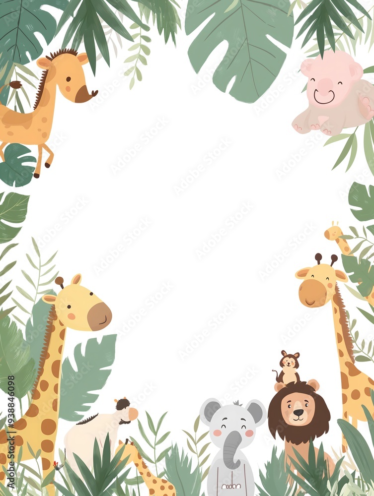 Naklejka premium baby animals jungle/safari theme as a border on a white background. Cartoon pastel style.