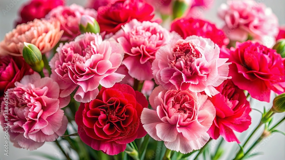 Close up of pink and red carnations in a delicate floral bouquet, showcasing the intricate details of the petals Close up of pink and red carnations in a delicate floral bouquet, showcasing the intricate details of the petals