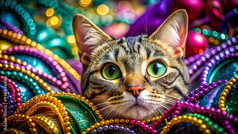 A curious cat peeks out from behind a colorful, sequined Mardi Gras mask, whiskers twitching, as it curiously explores its surroundings with feline fascination. A curious cat peeks out from behind a colorful, sequined Mardi Gras mask, whiskers twitching, as it curiously explores its surroundings with feline fascination.