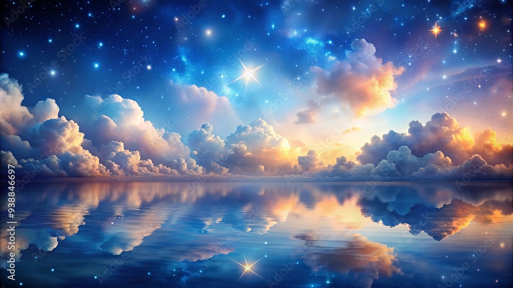 Fototapeta premium Dreamlike sky bedscape with serene stars and clouds reflecting fantasy and tranquility