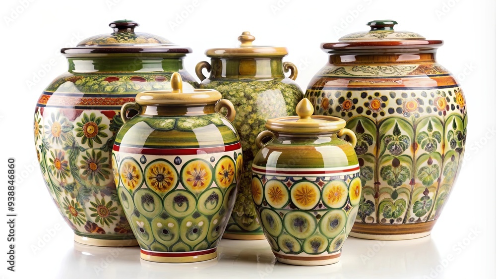 Collection of elegant Spanish olive jars isolated on white background, luxury traditional design Collection of elegant Spanish olive jars isolated on white background, luxury traditional design