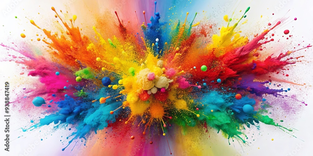Fototapeta premium Dynamic explosion of bright paint splatters fading into a colorful periphery abstract vibrant explosion splattered paint