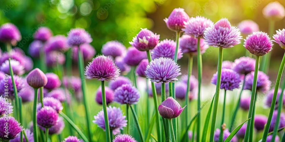 Chive plant with purple flowers and edible leaves in a vibrant garden Chive plant with purple flowers and edible leaves in a vibrant garden