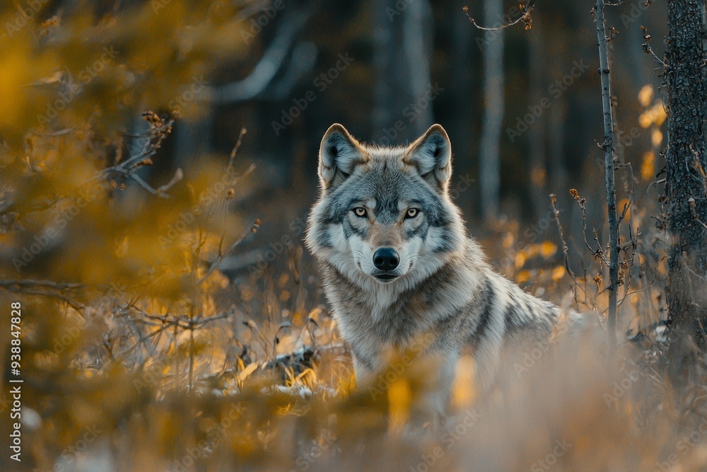 Obraz premium A lone wolf in the distance, staring directly at the camera, its piercing eyes sharply focused.