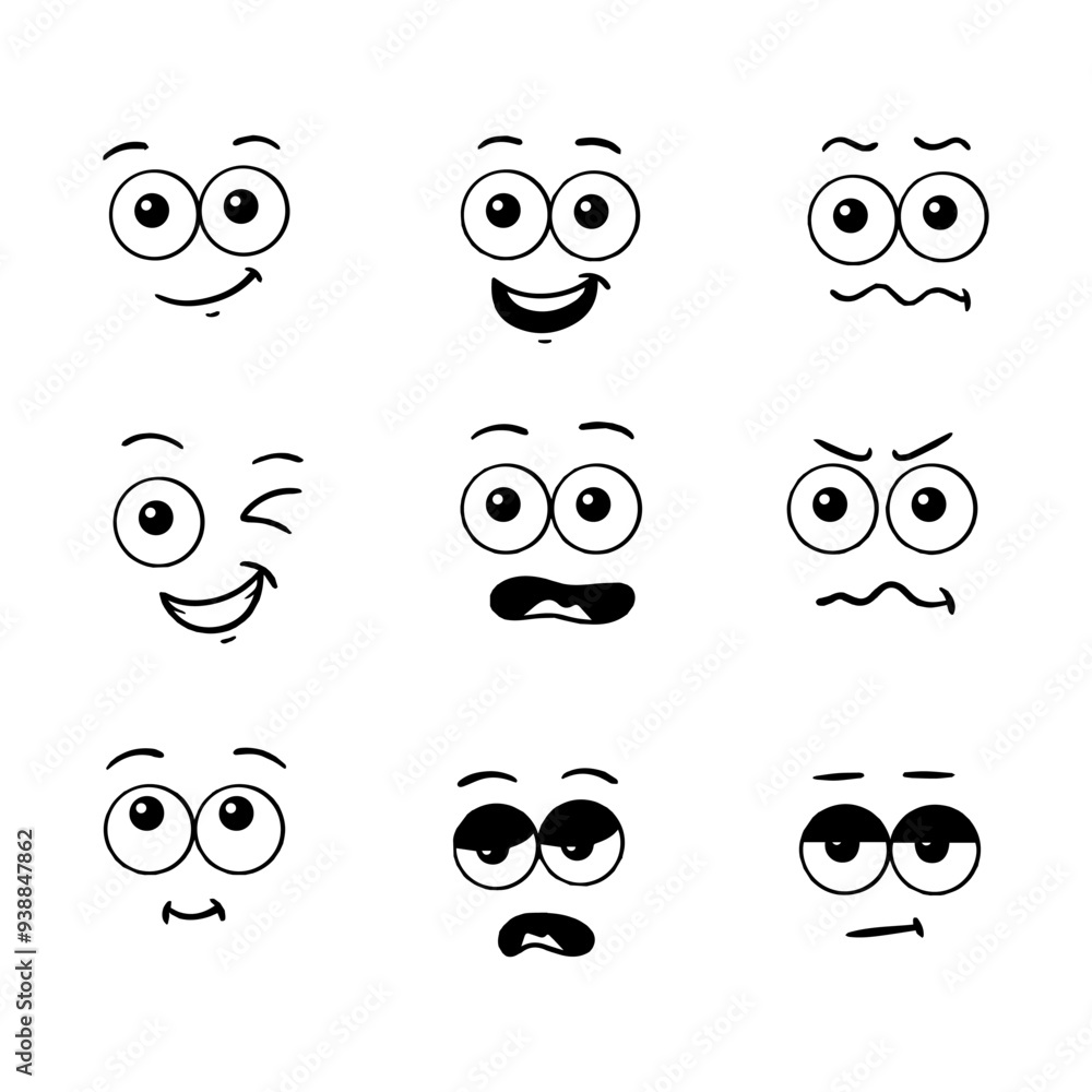 Collection of Facial Expression Cartoon Icons. Hand drawn style. isolated illustration Collection of Facial Expression Cartoon Icons. Hand drawn style. isolated illustration