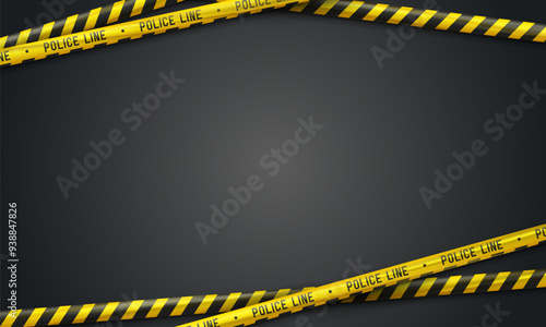 Banner with yellow caution tapes. Security line on black background. Crime scene barrier tape. Vector illustration.