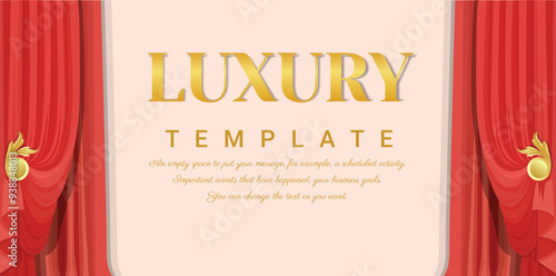 Luxury curtains Red color, Hand drawn style, Baroque ornament, and Golden outline floral border. Square theater background. Vector illustration.