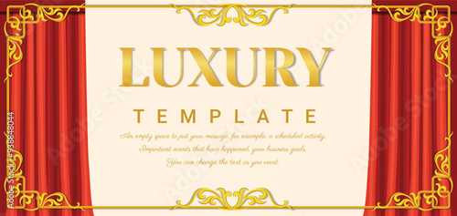 Luxury curtains Red color, Hand drawn style, Baroque ornament, and Golden outline floral border. Square theater background. Vector illustration.