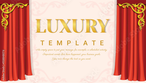 Luxury curtains Red color, Hand drawn style, Baroque ornament, and Golden outline floral border. Square theater background. Vector illustration.