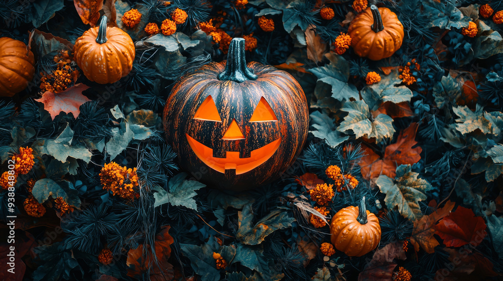 A pumpkin with a smiley face on it is surrounded by orange and green leaves. The pumpkin is the main focus of the image, and the leaves and flowers provide a festive and autumnal atmosphere