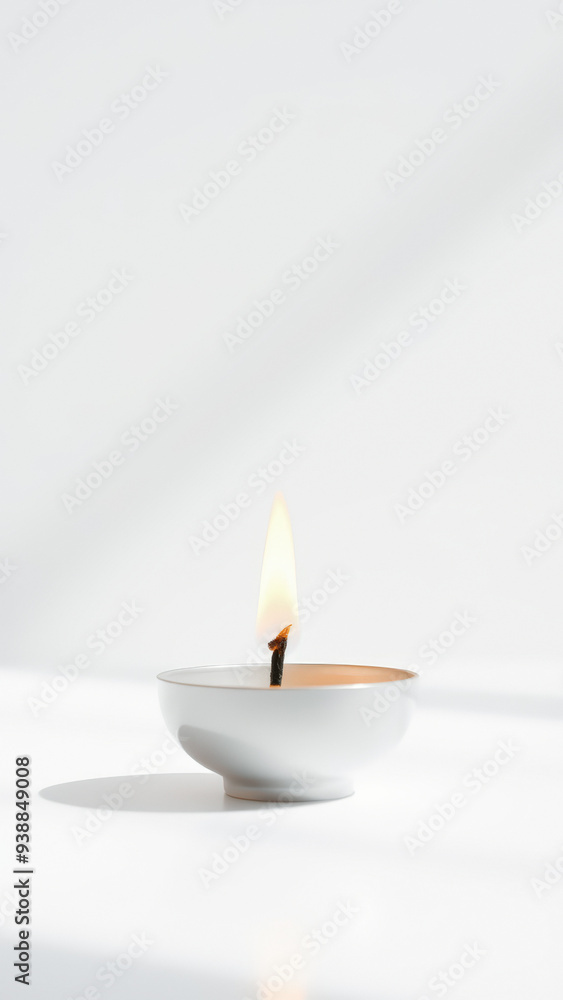 Single burning tea light candle on white background Single burning tea light candle on white background
