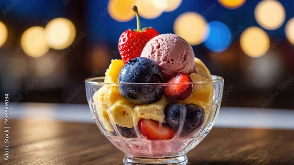 Mixed berry sundae in glass, whipped cream, bokeh background Mixed berry sundae in glass, whipped cream, bokeh background