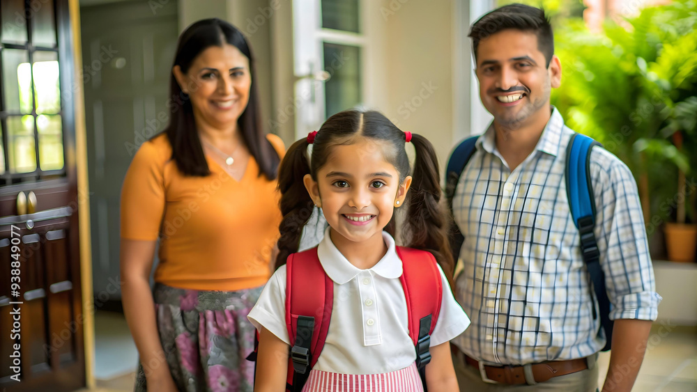 Obraz premium Happy Parents Preparing Their Daughter for School Day