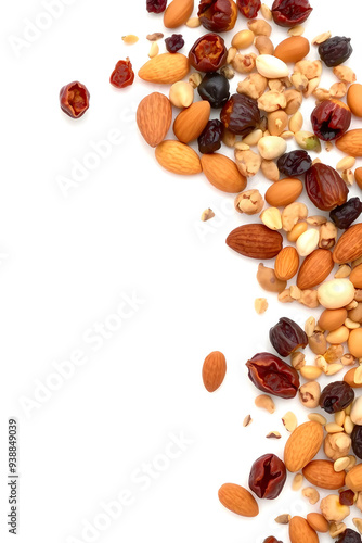 A colorful assortment of nuts and dried fruits scattered on a white background. The mix includes almonds, walnuts, and various dried berries, creating a vibrant and healthy snack option.