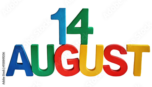 14 August Written with Colorful Letters Isolated on Transparent Background, PNG File