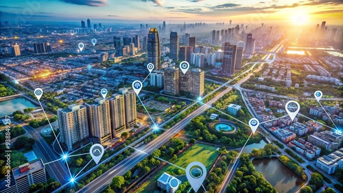 Aerial view of cityscape with GPS navigation lines and data analytics symbols overlaid, representing urban planning and location-based decision making capabilities.