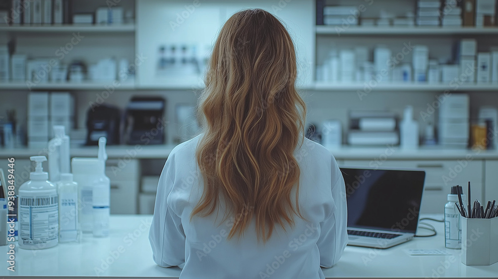 A female doctor at a white desk with a laptop in a well-organized, minimalist office. The white room features essential medical equipment and a clean, professional appearance A female doctor at a white desk with a laptop in a well-organized, minimalist office. The white room features essential medical equipment and a clean, professional appearance