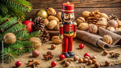 A festive holiday still life featuring a decorative wooden nutcracker surrounded by an assortment of cracked nuts and seasonal ornaments on a rustic tablecloth.