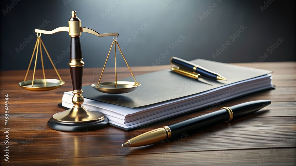 A formal folder with a justice scale icon on top, surrounded by legal documents, papers, and a pen, symbolizing law, justice, and contractual agreements. A formal folder with a justice scale icon on top, surrounded by legal documents, papers, and a pen, symbolizing law, justice, and contractual agreements.