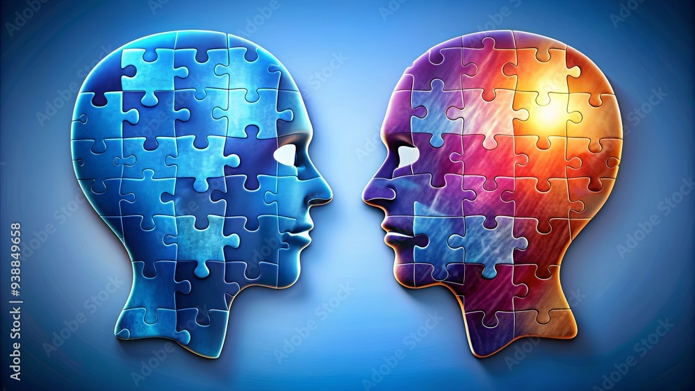 Abstract stock photo of two interconnected puzzle heads representing mental activity and problem solving Abstract stock photo of two interconnected puzzle heads representing mental activity and problem solving