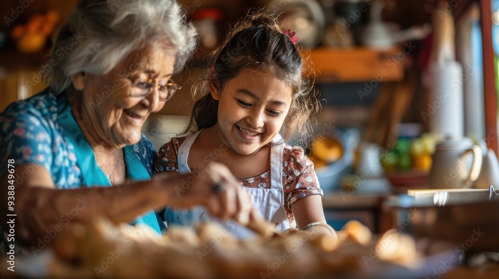 Grandmother and granddaughter smiling while baking Grandmother and granddaughter smiling while baking