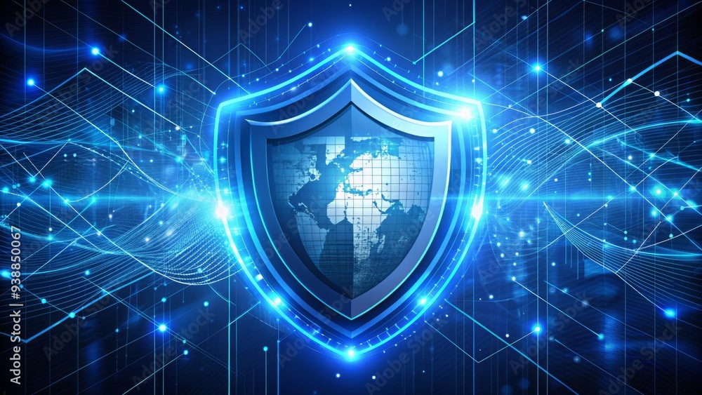 Fototapeta premium A futuristic illustration of a digital shield protecting a web browser from cyber threats, depicting online security and data protection in the digital age.
