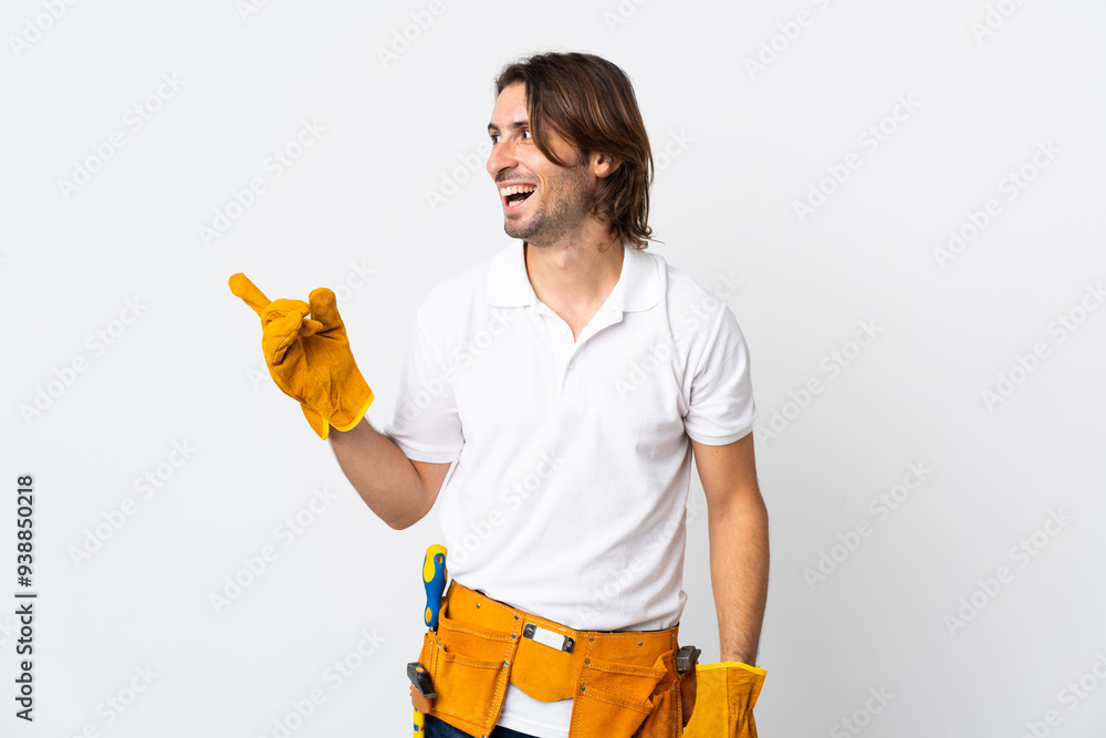 Young electrician man over isolated background intending to realizes the solution while lifting a finger up Young electrician man over isolated background intending to realizes the solution while lifting a finger up