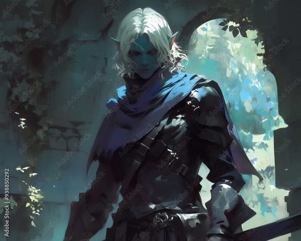 Fototapeta premium drow warrior with white hair, standing in a darkened ruin, exuding a sense of menace and control