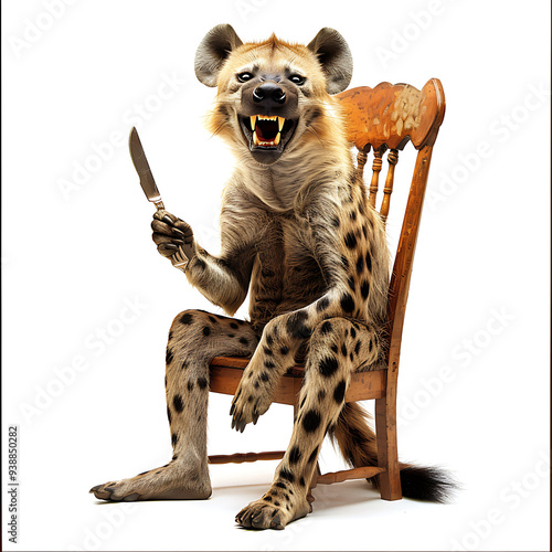 A hyena sits in a chair, holding a breakfast knife with a delighted expression. The scene is whimsical, capturing the unusual sight of a hyena enjoying a meal.