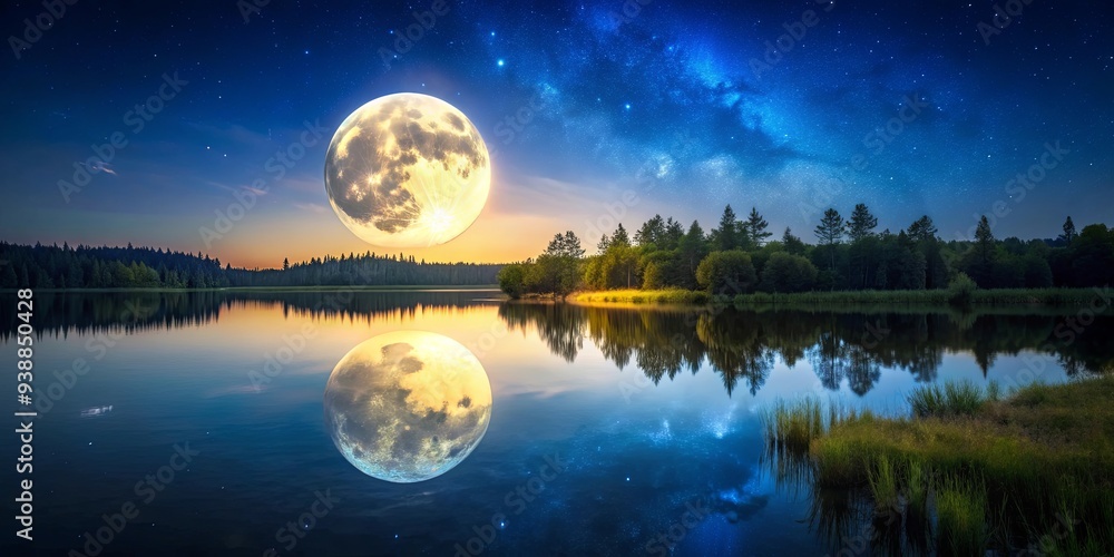 A tranquil nighttime landscape with a bright full moon casting a radiant glow on the peaceful surroundings A tranquil nighttime landscape with a bright full moon casting a radiant glow on the peaceful surroundings