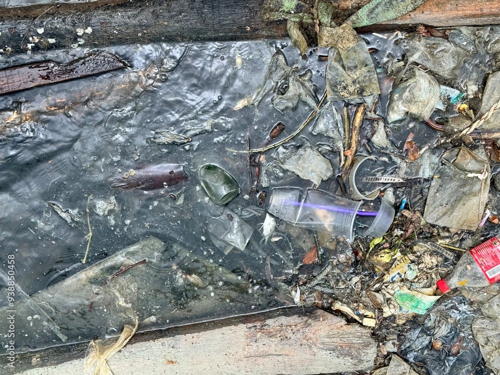 Obraz premium plastic pollution of the Sea, Water pollution, global crisis, accumulation of garbage industrial waste in sea, garbage in the water