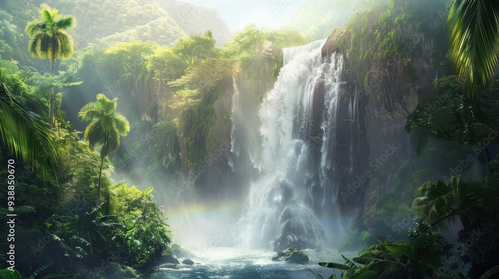Lush Tropical Rainforest with a Majestic Waterfall and Rainbow Lush Tropical Rainforest with a Majestic Waterfall and Rainbow