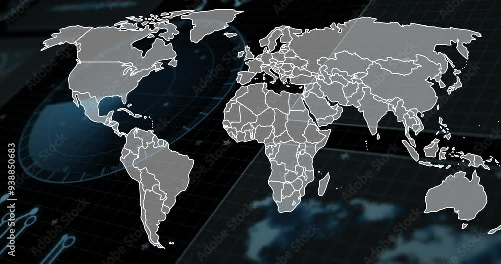 World map with country borders, data processing animation over grid background World map with country borders, data processing animation over grid background