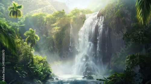 Lush Tropical Rainforest with a Majestic Waterfall and Rainbow