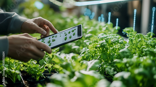 A futuristic home garden with automated irrigation and AI-powered plant monitoring, where a person uses a tablet to track the growth and health of plants, with smart sensors visible in the background.