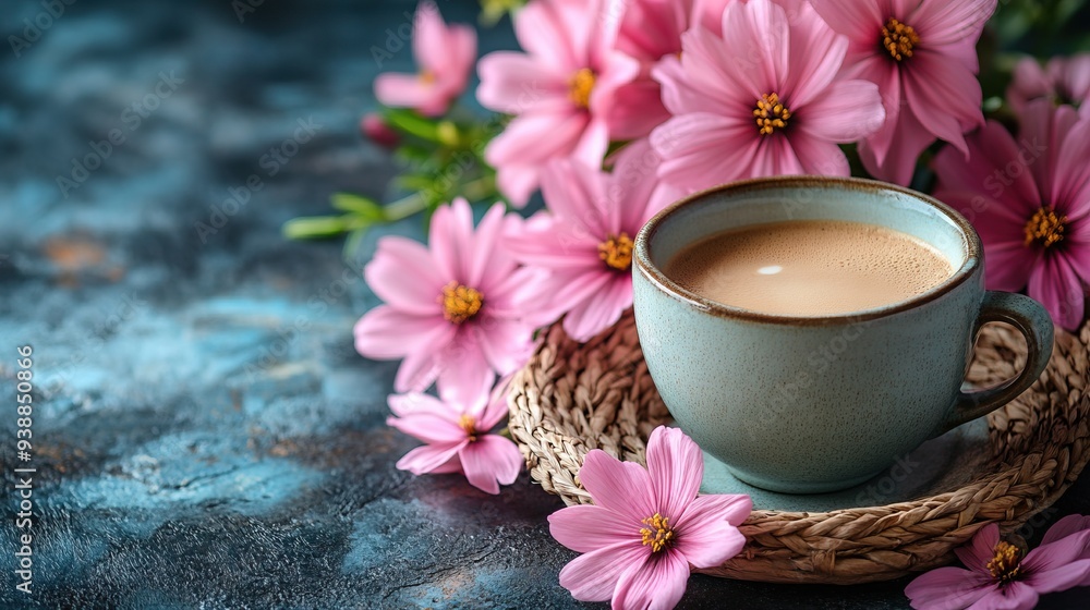 Cute spring flat lay with a basket of pink flowers, a gift, and a cup of coffee on a stone background. Cute spring flat lay with a basket of pink flowers, a gift, and a cup of coffee on a stone background.