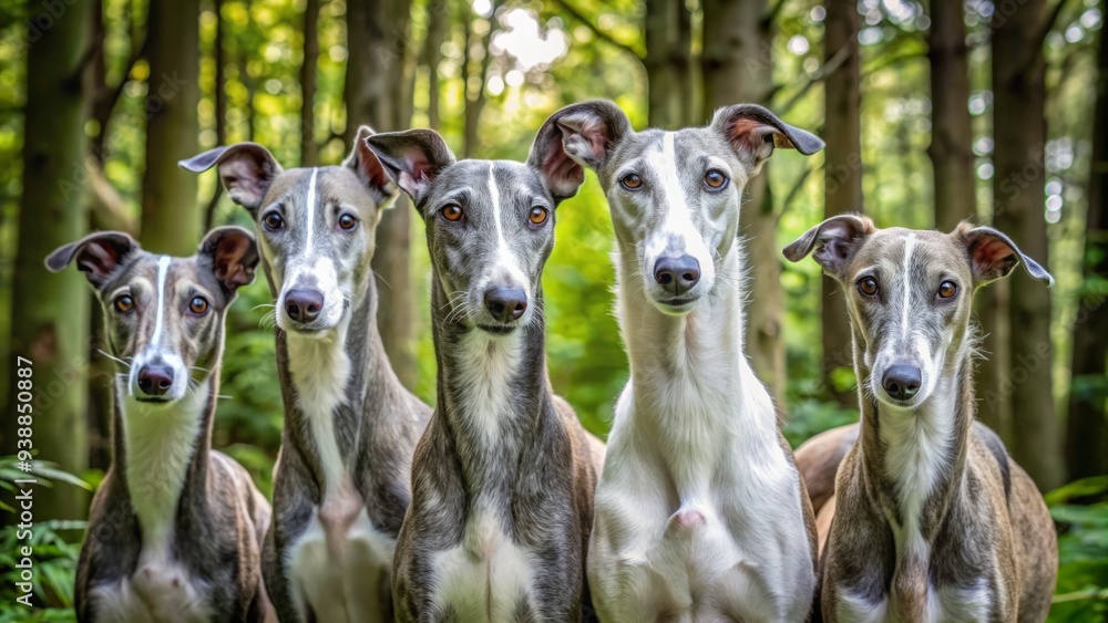 A group of sleek greyhounds, their grey and white coats glistening, gather closely, their big brown eyes calm, in a vibrant green wooded area backdrop. A group of sleek greyhounds, their grey and white coats glistening, gather closely, their big brown eyes calm, in a vibrant green wooded area backdrop.