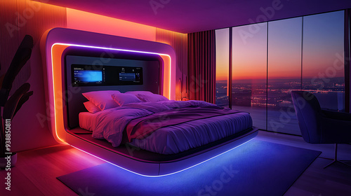 A high-tech bedroom featuring a smart bed that adjusts firmness and temperature, with ambient lighting controlled by voice commands and a digital assistant providing sleep analytics on a bedside  photo