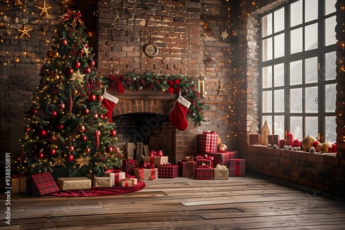 Living room with Christmas trees and decorations, wooden floor. Christmas background for photo shoot.